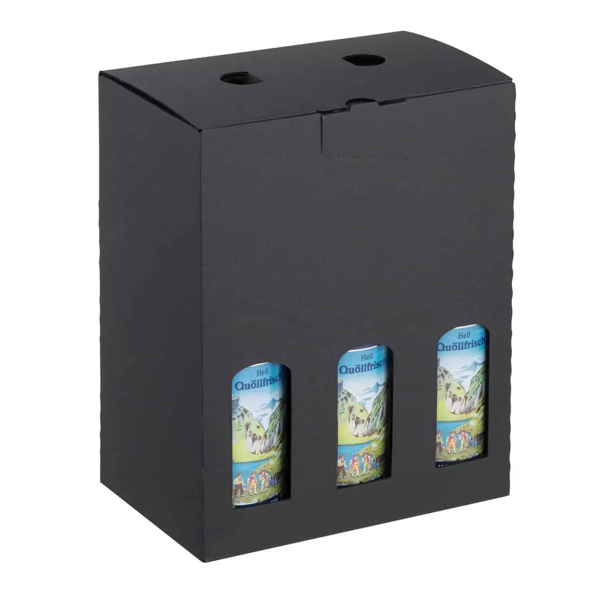 carton portatif noir pour petites bouteilles, emballage élégant et pratique, disponible en 2 formats, idéal brasseurs, cavistes, épiceries fines et coffrets cadeaux