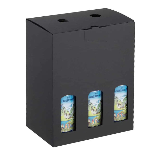 carton portatif noir pour petites bouteilles, emballage élégant et pratique, disponible en 2 formats, idéal brasseurs, cavistes, épiceries fines et coffrets cadeaux