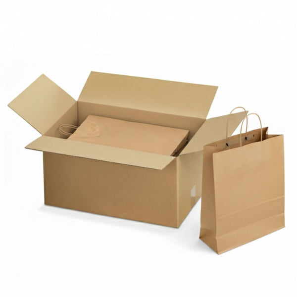 Carton sacs en kraft brun recyclable avec poignées torsadées, solides et pratiques, disponibles en 7 formats pour commerces, traiteurs et épiceries fines