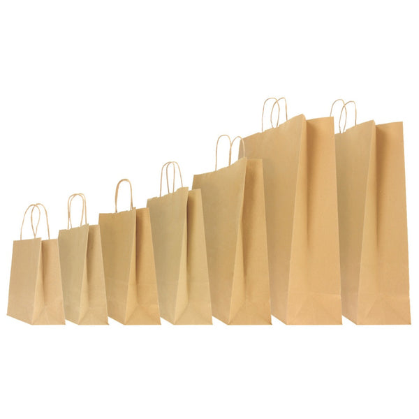 Carton de sacs en kraft brun recyclable avec poignées torsadées, solides et pratiques, disponibles en 7 formats pour commerces, traiteurs et épiceries fines
