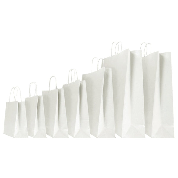 Carton de sacs kraft blancs avec poignées torsadées, disponibles en 7 formats. Élégants et robustes, parfaits pour boutiques, traiteurs et commerces de proximité.