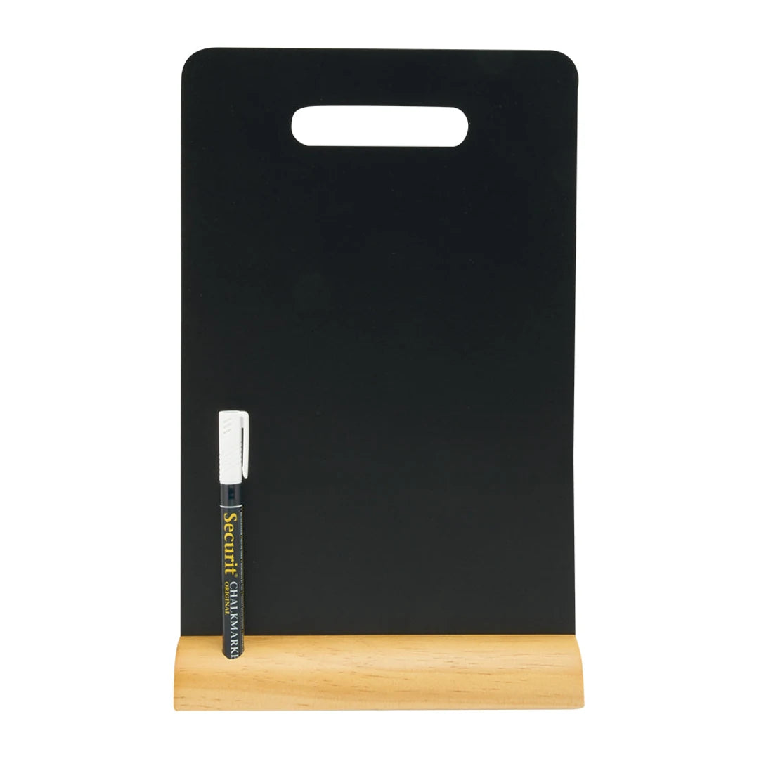 Chevalet de table ardoise noir avec poignée et pied en bois, format 34 x 21 cm, livré avec feutre blanc