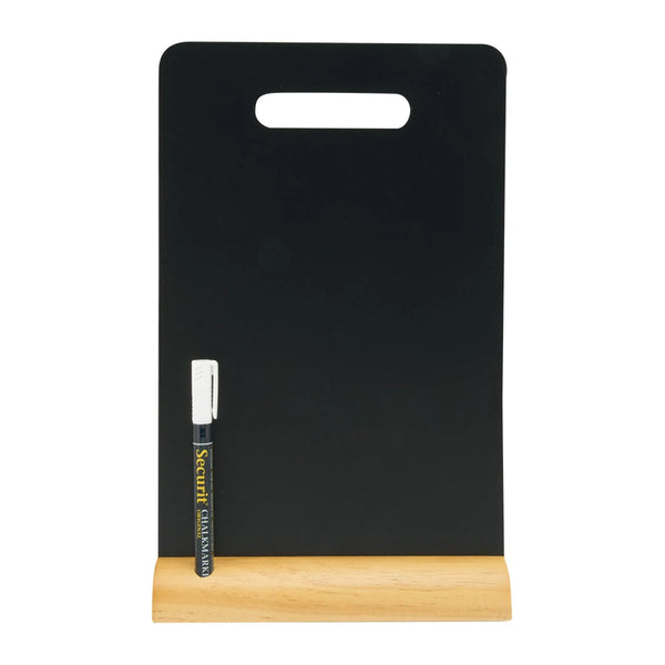 Chevalet de table ardoise noir avec poignée et pied en bois, format 34 x 21 cm, livré avec feutre blanc