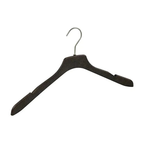 Cintre bio 44 cm en fibres d'herbe et plastique recyclé, crochet métal argenté mat, pour boutique et magasin