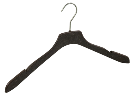 Cintre bio 44 cm noir moucheté en fibres d’herbe et plastique recyclé – écologique et élégant pour boutiques de prêt-à-porter