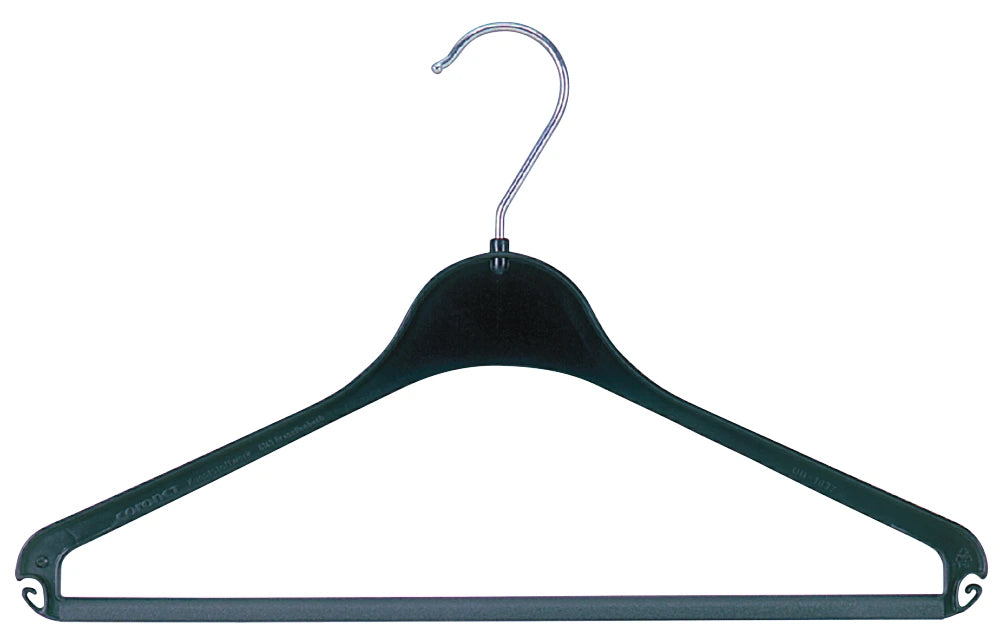 Cintre en plastique recyclé noir 37 cm – léger, solide et écologique pour la présentation de vêtements en boutique