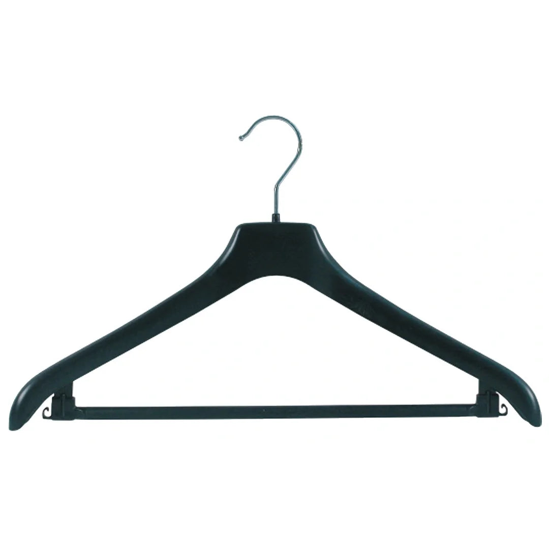 Cintre plastique recyclé noir avec barre anti-glisse et crochets latéraux, disponible en 38, 41, 44 et 49 cm