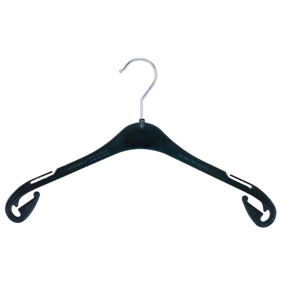 Cintre en plastique recyclé noir pour magasin, disponible en 5 largeurs de 26 à 47 cm
