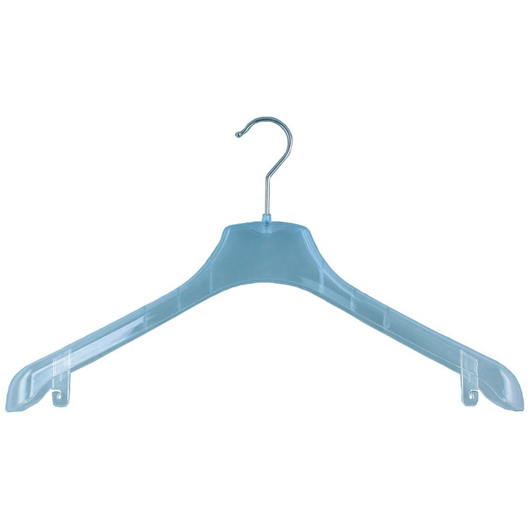 Cintre en plastique recyclé transparent 38 cm pour boutique prêt-à-porter, disponible à la pièce ou en carton