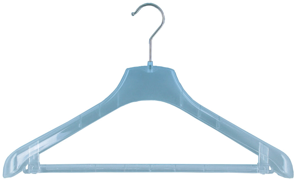 Cintre transparent 49 cm en plastique recyclé – robuste, léger et discret pour vêtements en magasin ou showroom