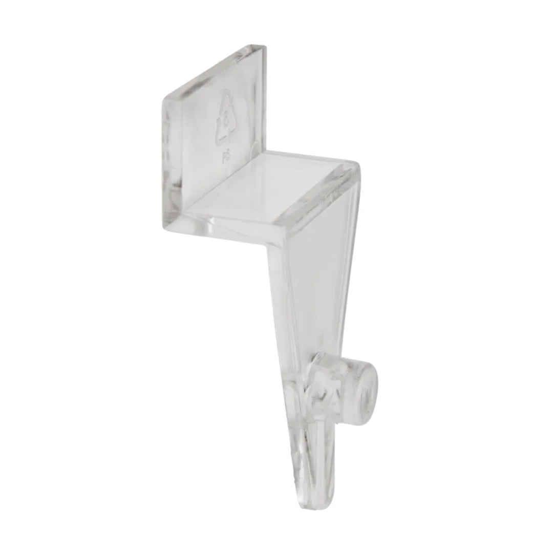 Clips acryliques transparents pour accrochage de bacs de présentation sur panneau rainuré