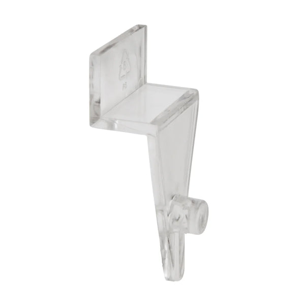 Clips acryliques transparents pour accrochage de bacs de présentation sur panneau rainuré