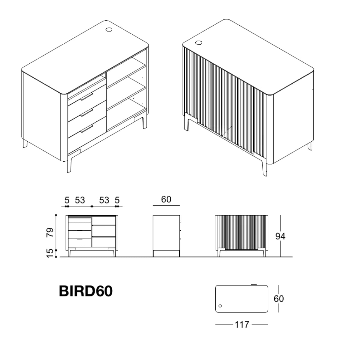 Schéma technique comptoir Bird60 — dimensions 94 x 117 x 60 cm avec détail tiroirs et rayons