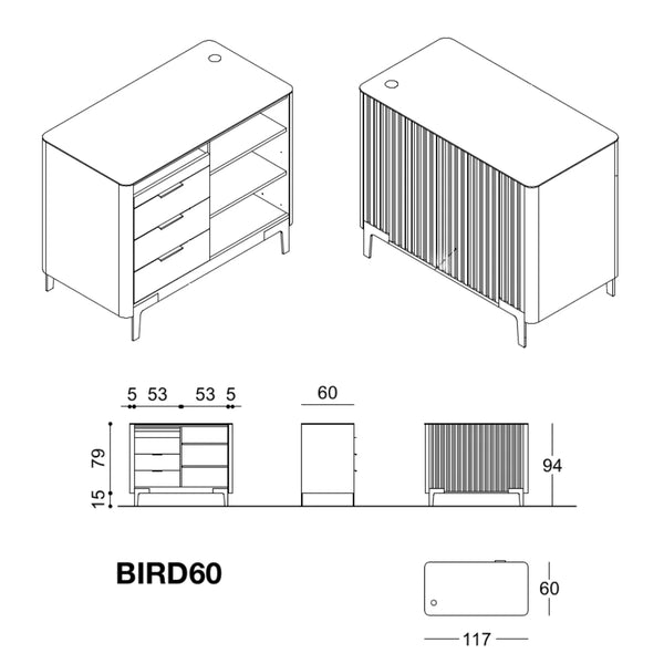 Schéma technique comptoir Bird60 — dimensions 94 x 117 x 60 cm avec détail tiroirs et rayons