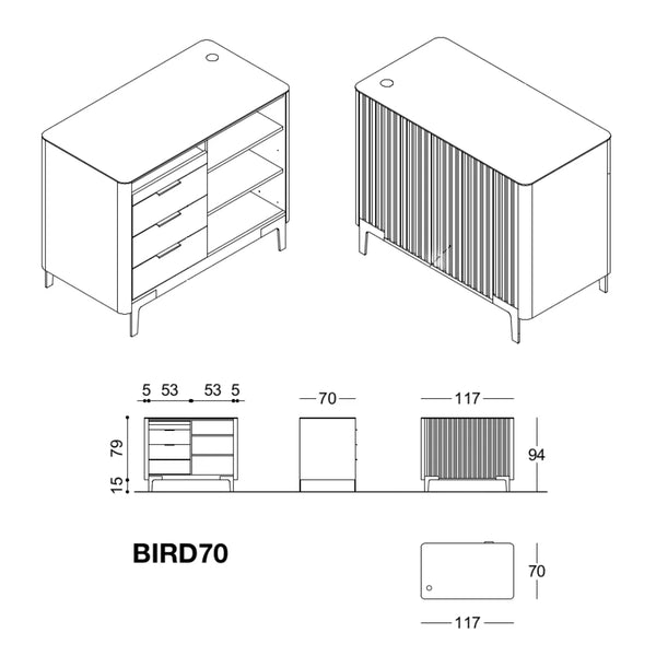 Schéma technique comptoir Bird70 — dimensions 94 x 117 x 70 cm avec détail intérieur