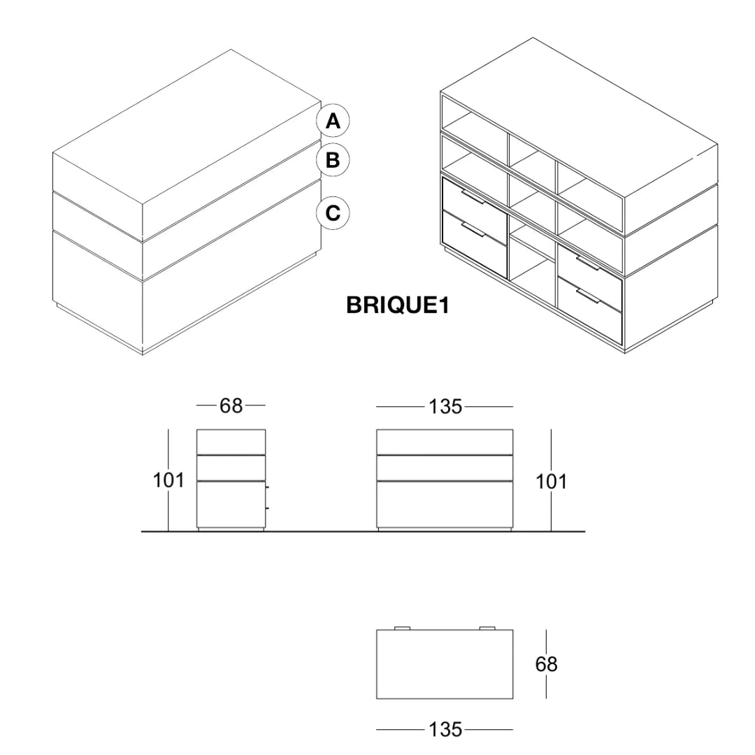 Fiche technique comptoir Brique 1 — dimensions 135 × 68 × 101 cm