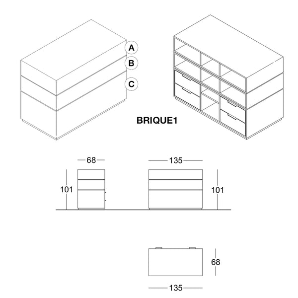 Fiche technique comptoir Brique 1 — dimensions 135 × 68 × 101 cm