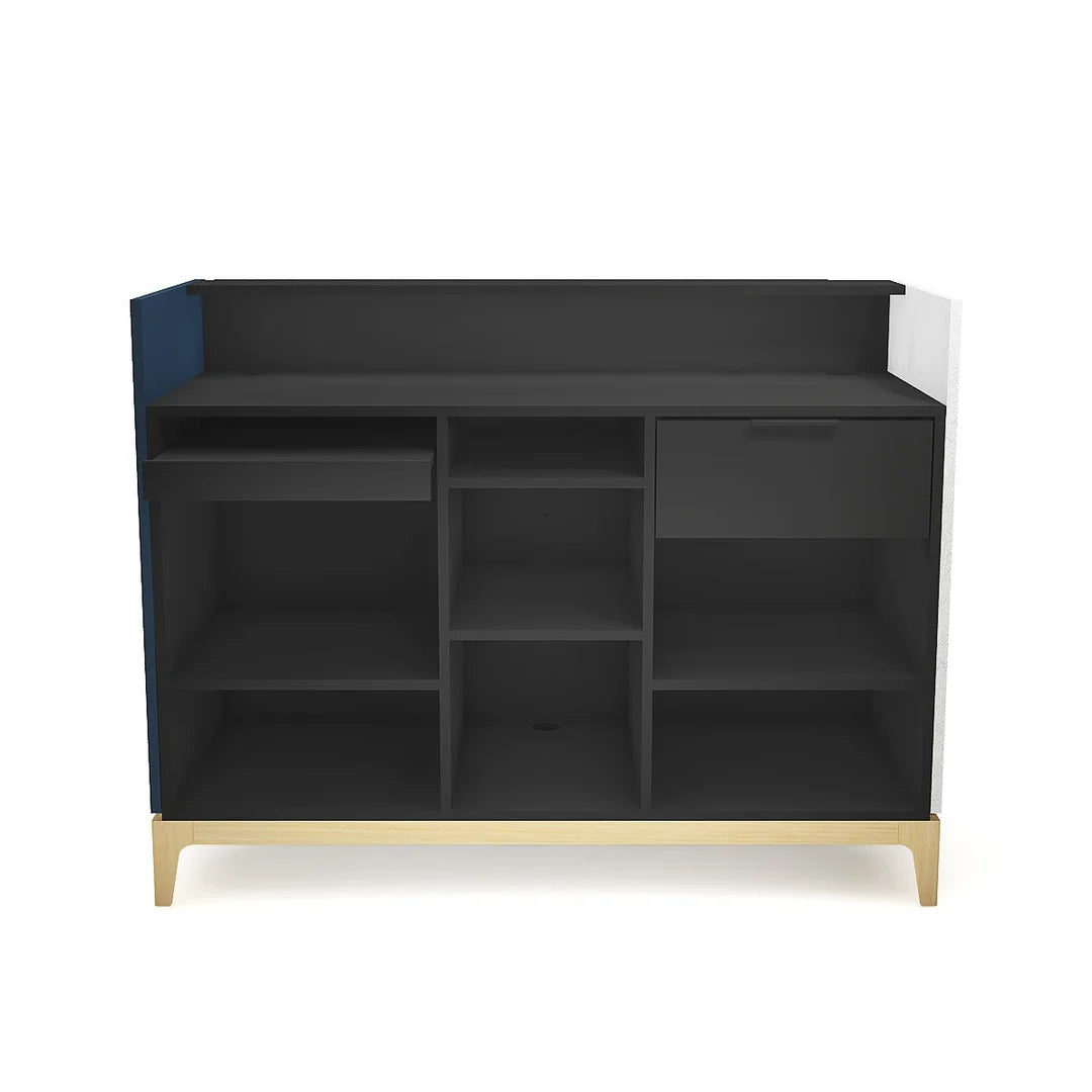 Comptoir Trick1 en finition noir mat, vue de face, pour agencement de magasin