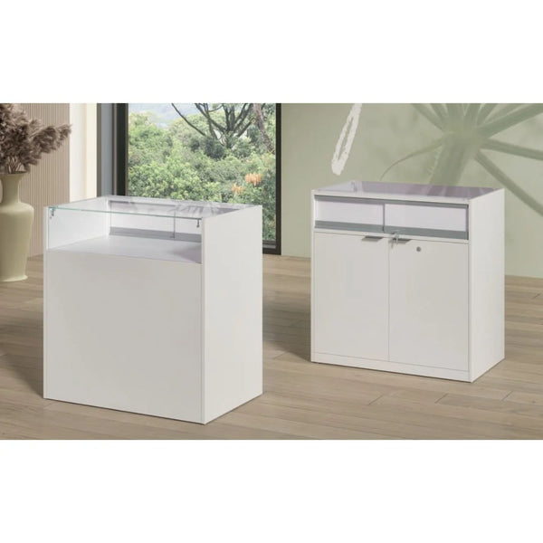 Comptoir vitré blanc pour magasin avec portes coulissantes et box de rangement bas