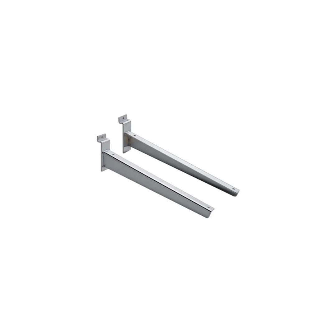 Paire de consoles inclinées en métal chromé 30 cm pour panneaux rainurés — fixation de rayon magasin