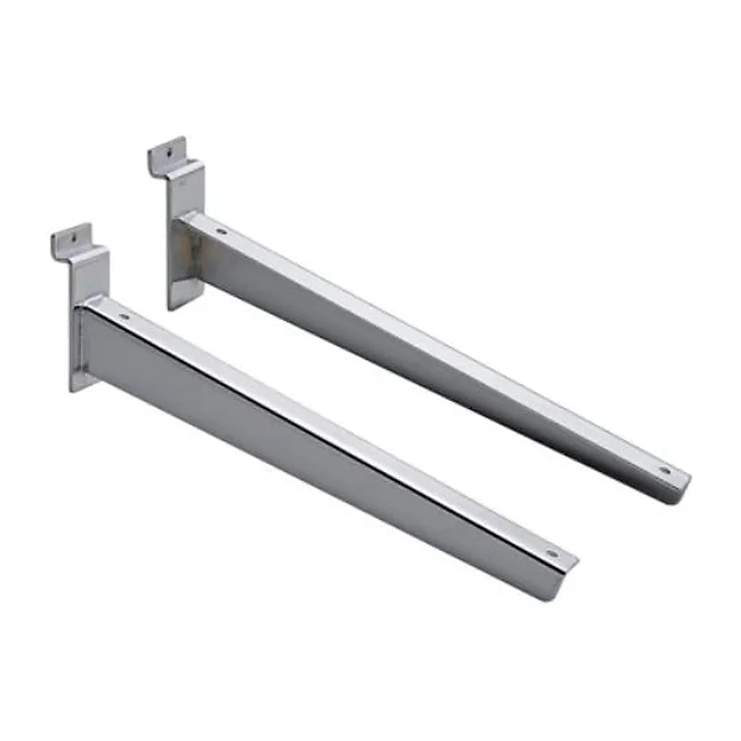Paire de consoles inclinées en métal chromé 30 cm pour panneaux rainurés — fixation de rayon magasin