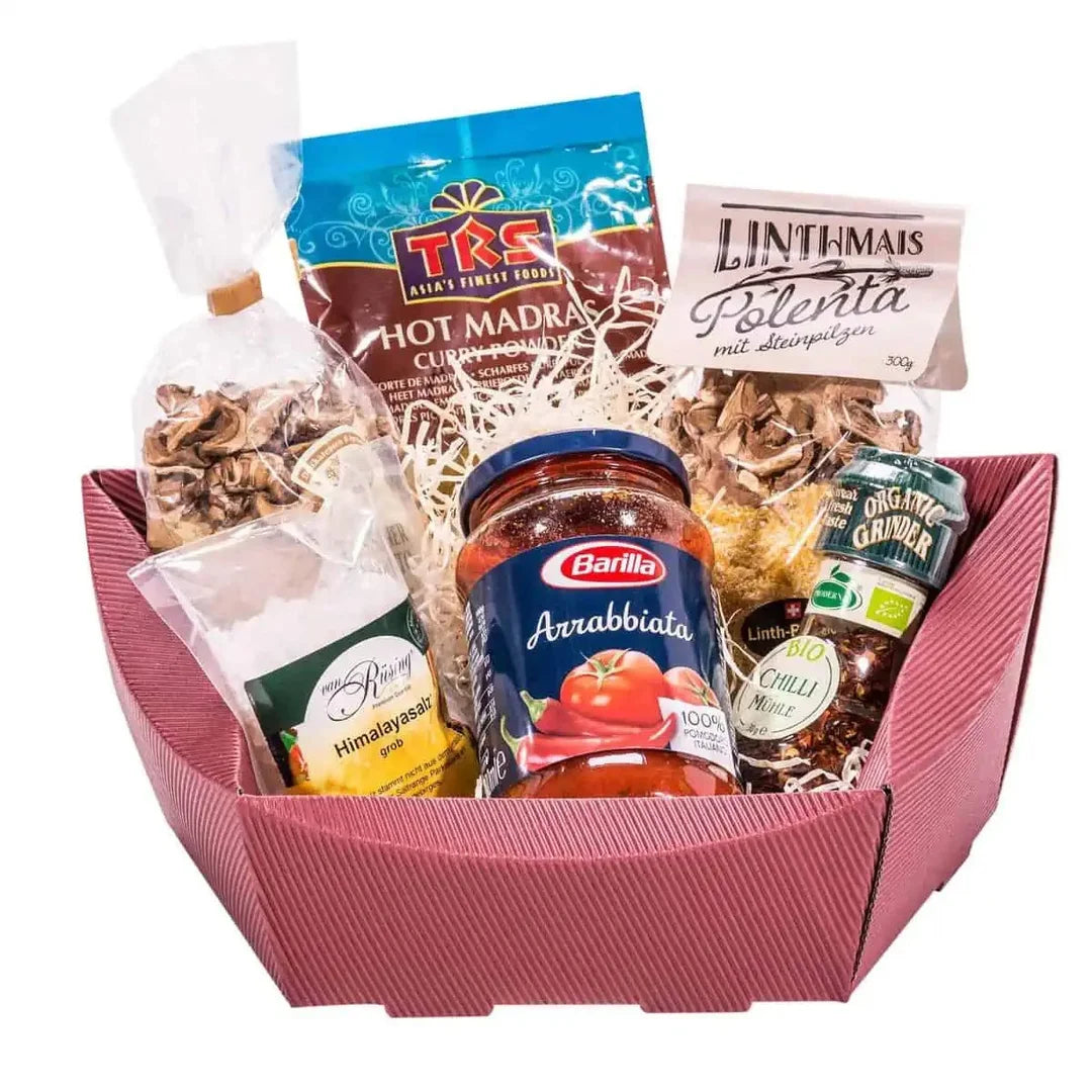 Corbeille de présentation carton kraft rouge strié 5 côtés pour coffret cadeau professionnel