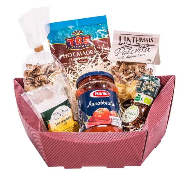Corbeille de présentation carton kraft rouge strié 5 côtés pour coffret cadeau professionnel