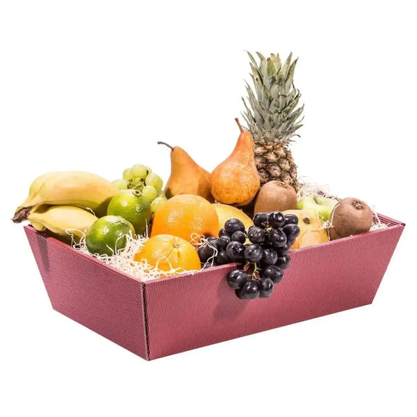 Corbeille de présentation carton rouge strié pour coffret gourmand et panier garni en boutique