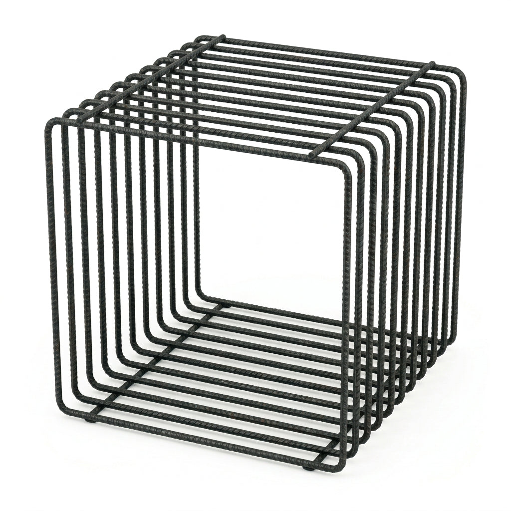 Cube présentoir en barres d'armature 40x40x40 cm, finition laquée ou chromée, pour magasin