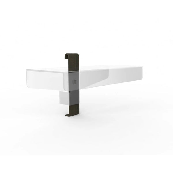 Étagère acrylique transparente avec accroche métal noir mat pour grille fer à béton, 2 formats disponibles