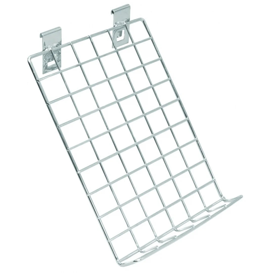 Étagère inclinée 38x25 cm à fixer sur grille de magasin, finition chromée