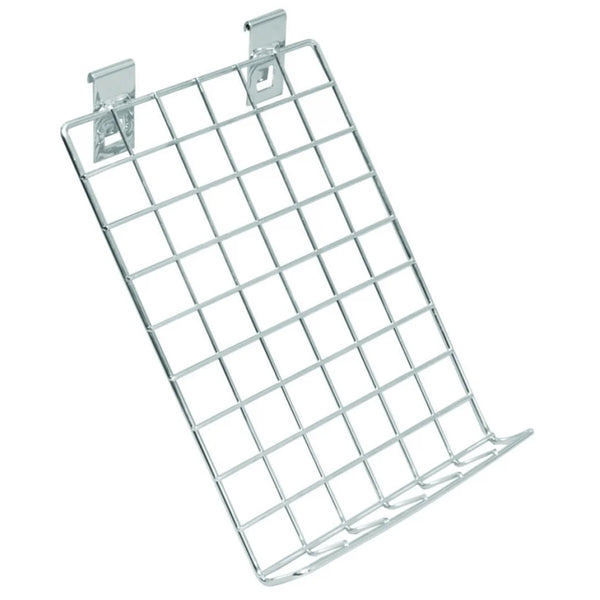 Étagère inclinée 38x25 cm à fixer sur grille de magasin, finition chromée