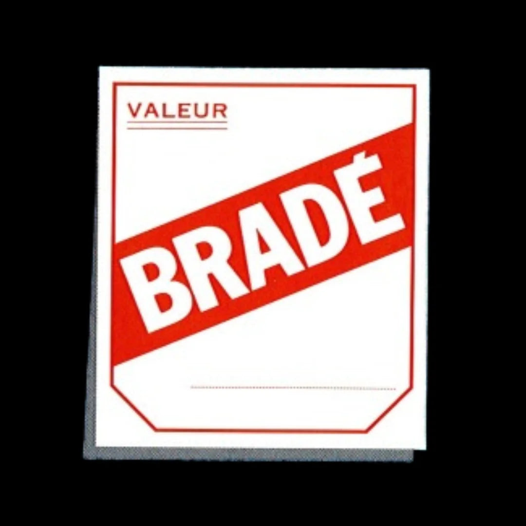 Étiquette Bradé papier 52x120 mm texte blanc sur fond rouge — signalage promotionnel magasin — boîte 1000 pièces