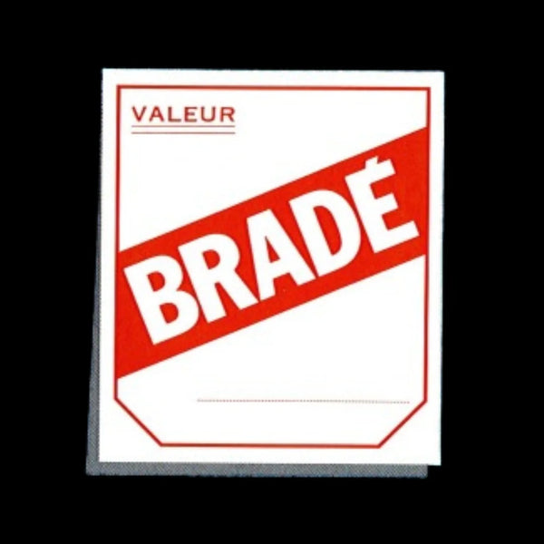 Étiquette Bradé papier 52x120 mm texte blanc sur fond rouge — signalage promotionnel magasin — boîte 1000 pièces