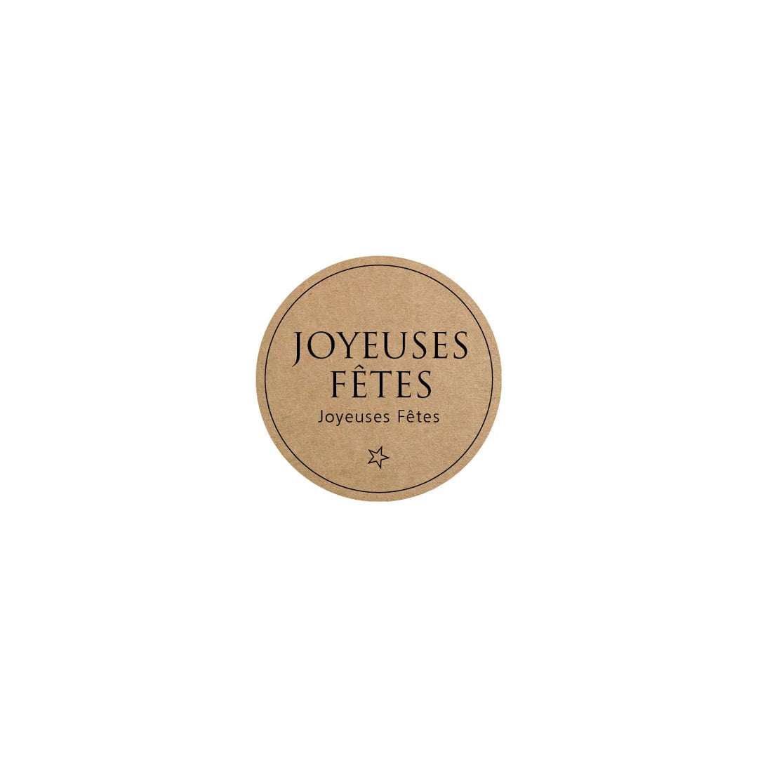Étiquettes adhésives rondes Joyeuses Fêtes kraft 35 mm, boîte de 500, pour sacs et pochettes cadeaux