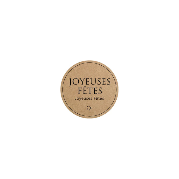 Étiquettes adhésives rondes Joyeuses Fêtes kraft 35 mm, boîte de 500, pour sacs et pochettes cadeaux