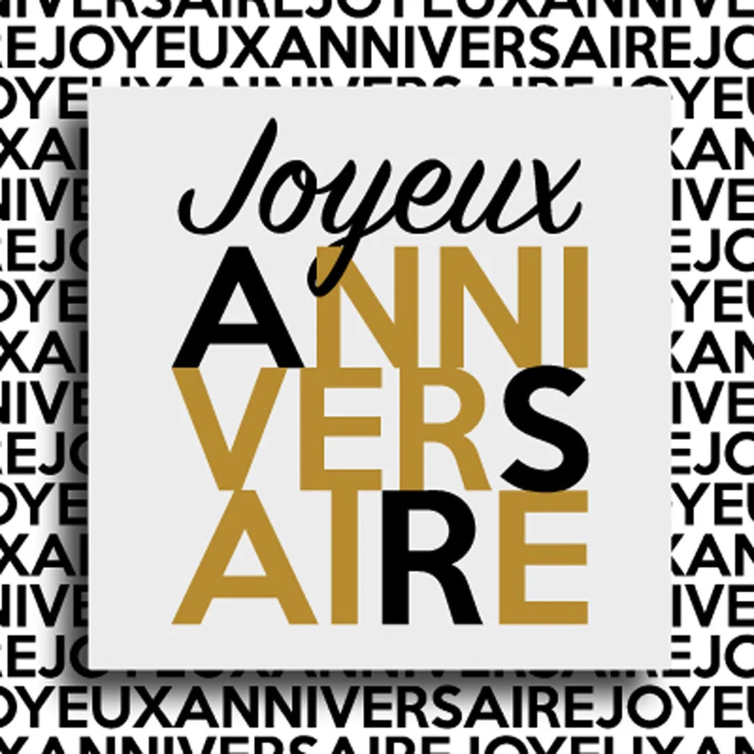Étiquettes adhésives Joyeux Anniversaire format carré blanc 4x4 cm, écriture noire et or, boîte de 500