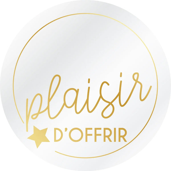 Étiquettes adhésives Plaisir d'offrir rondes transparentes écriture or ø 3,2 cm — boîte de 500