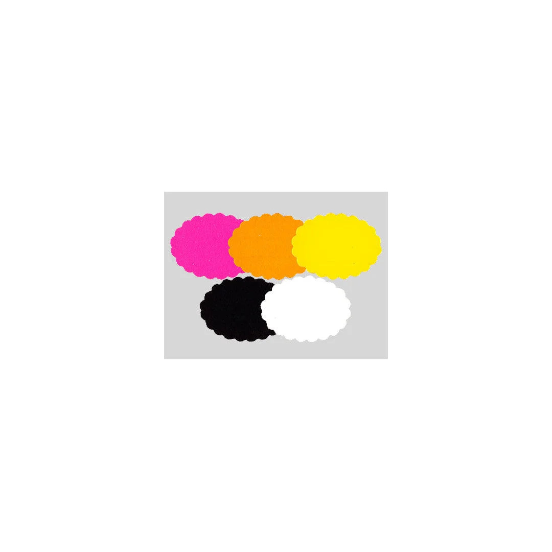 Étiquettes carton forme nuage multicolores pour boutique — rose, orange, jaune, noir, blanc