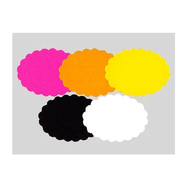 Étiquettes carton forme nuage multicolores pour boutique — rose, orange, jaune, noir, blanc