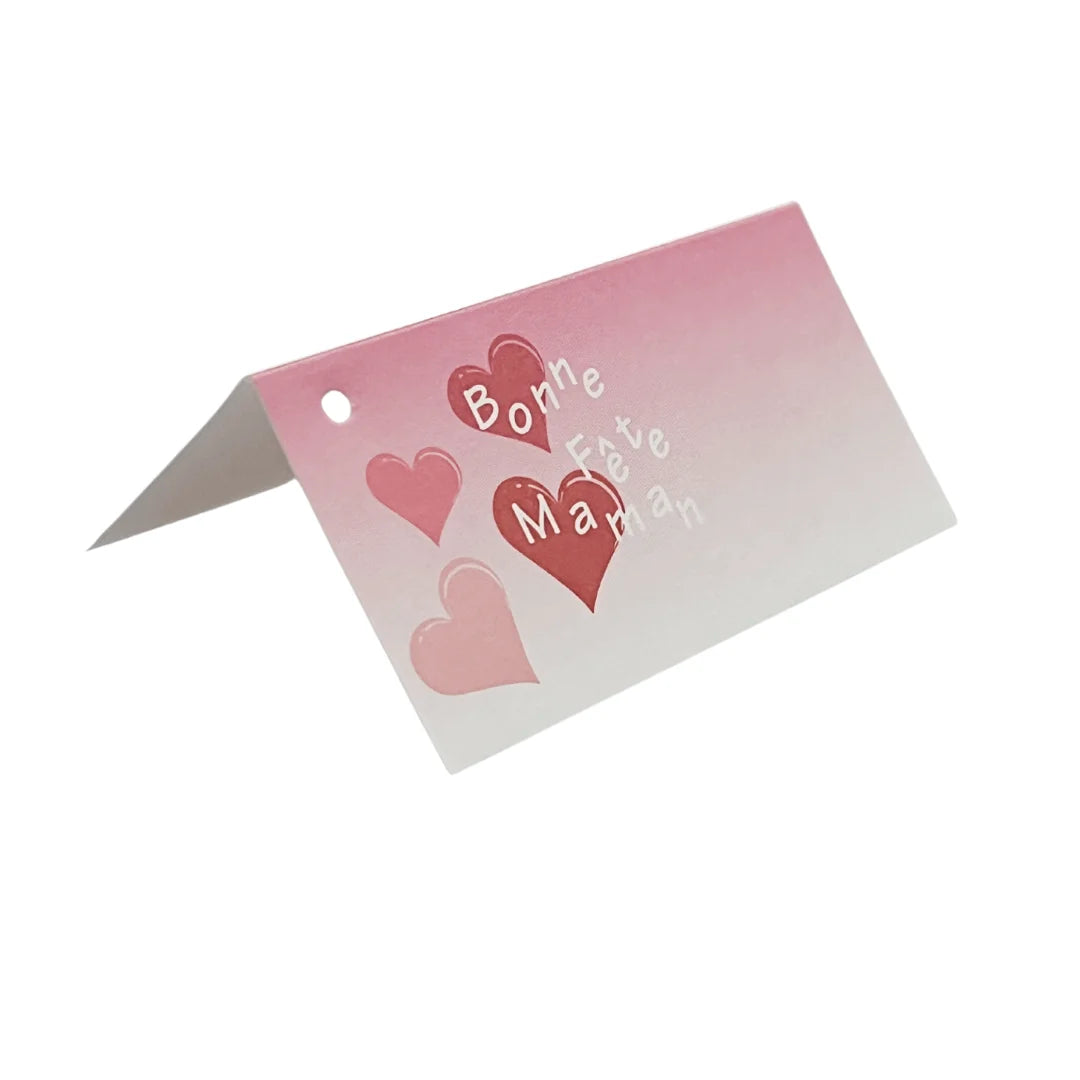Étiquettes carton pliables à trou motif Bonne fête maman, format 7,7 x 7,7 cm, lot de 100