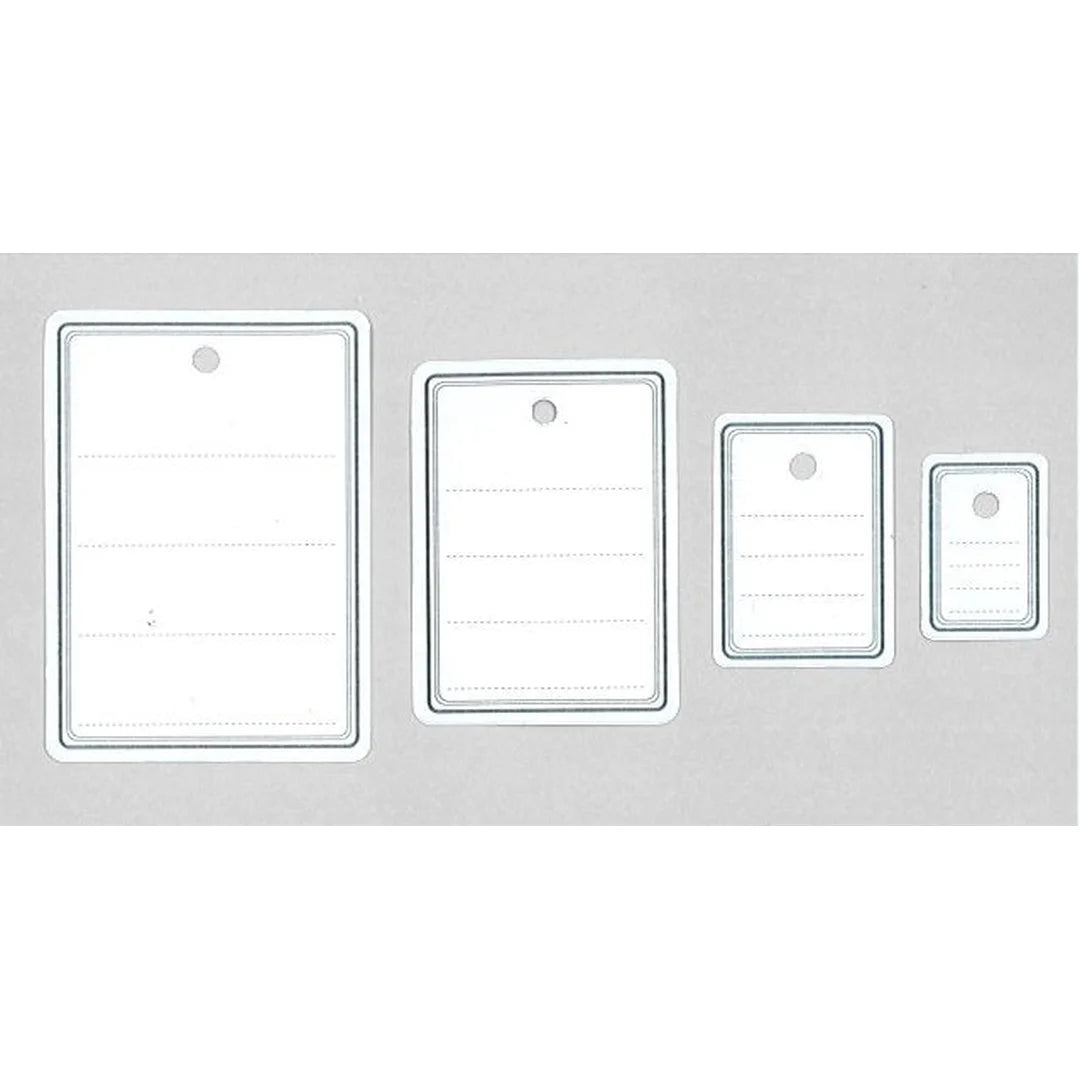 Étiquettes carton à trou lignées grises en 4 formats : 19x28, 27x38, 40x55 et 49x68 mm