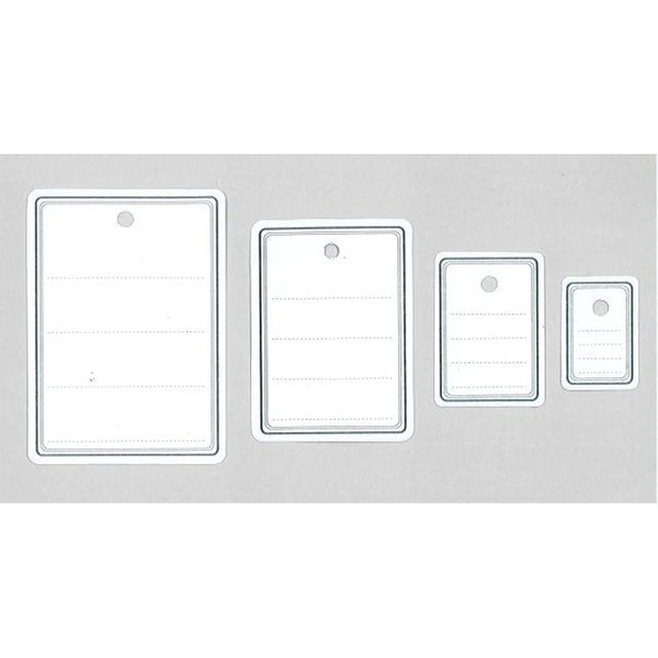 Étiquettes carton à trou lignées grises en 4 formats : 19x28, 27x38, 40x55 et 49x68 mm