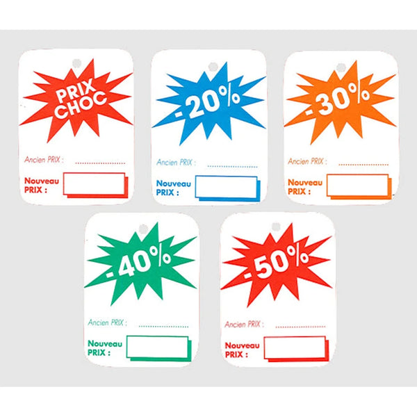 Étiquettes pourcentages à trou pour signalétique promotionnelle en magasin – 20% à 50% et Prix choc