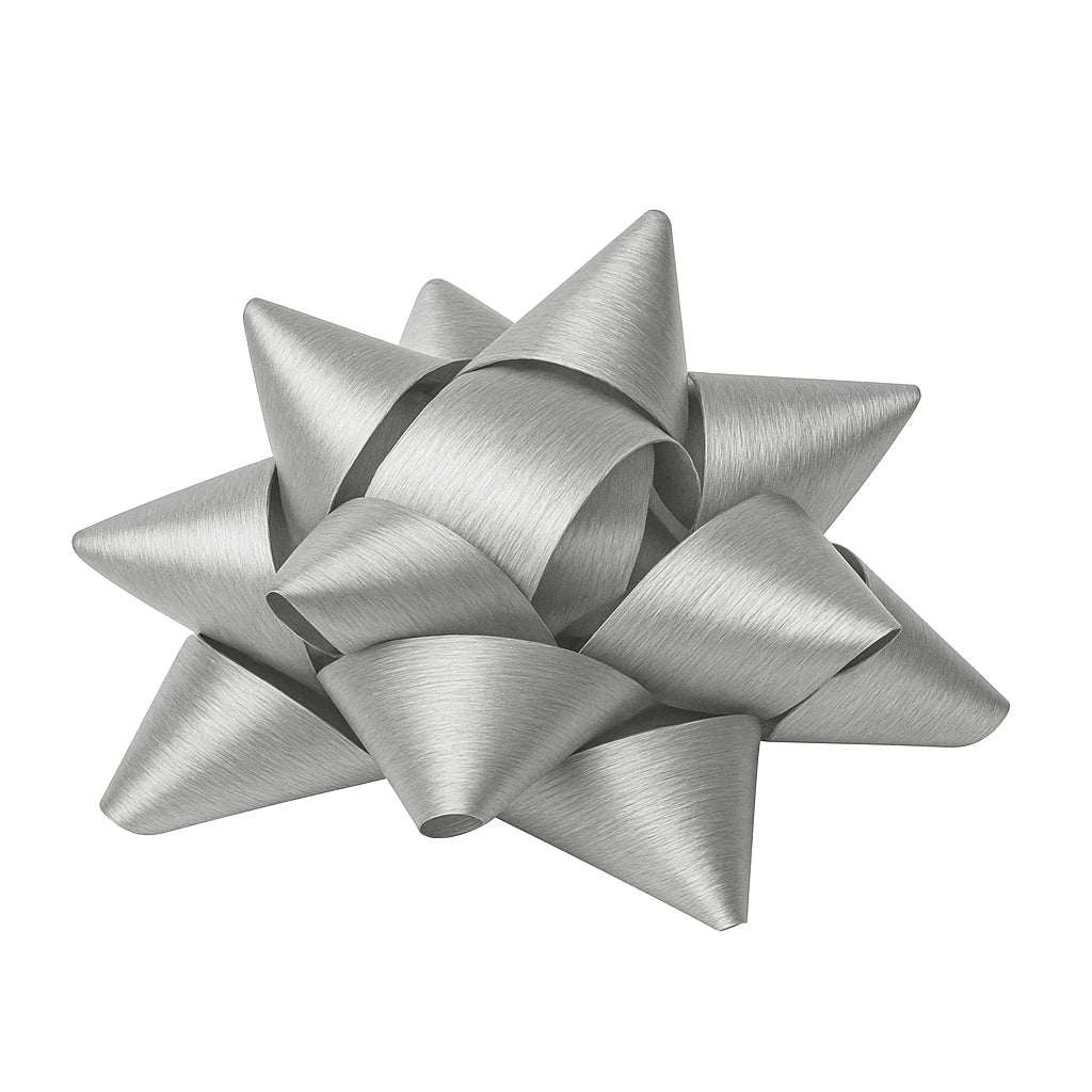 Étoiles adhésives argent crépon pour emballages et vitrines. Décoratives, pratiques et élégantes, idéales pour cadeaux et promotions.