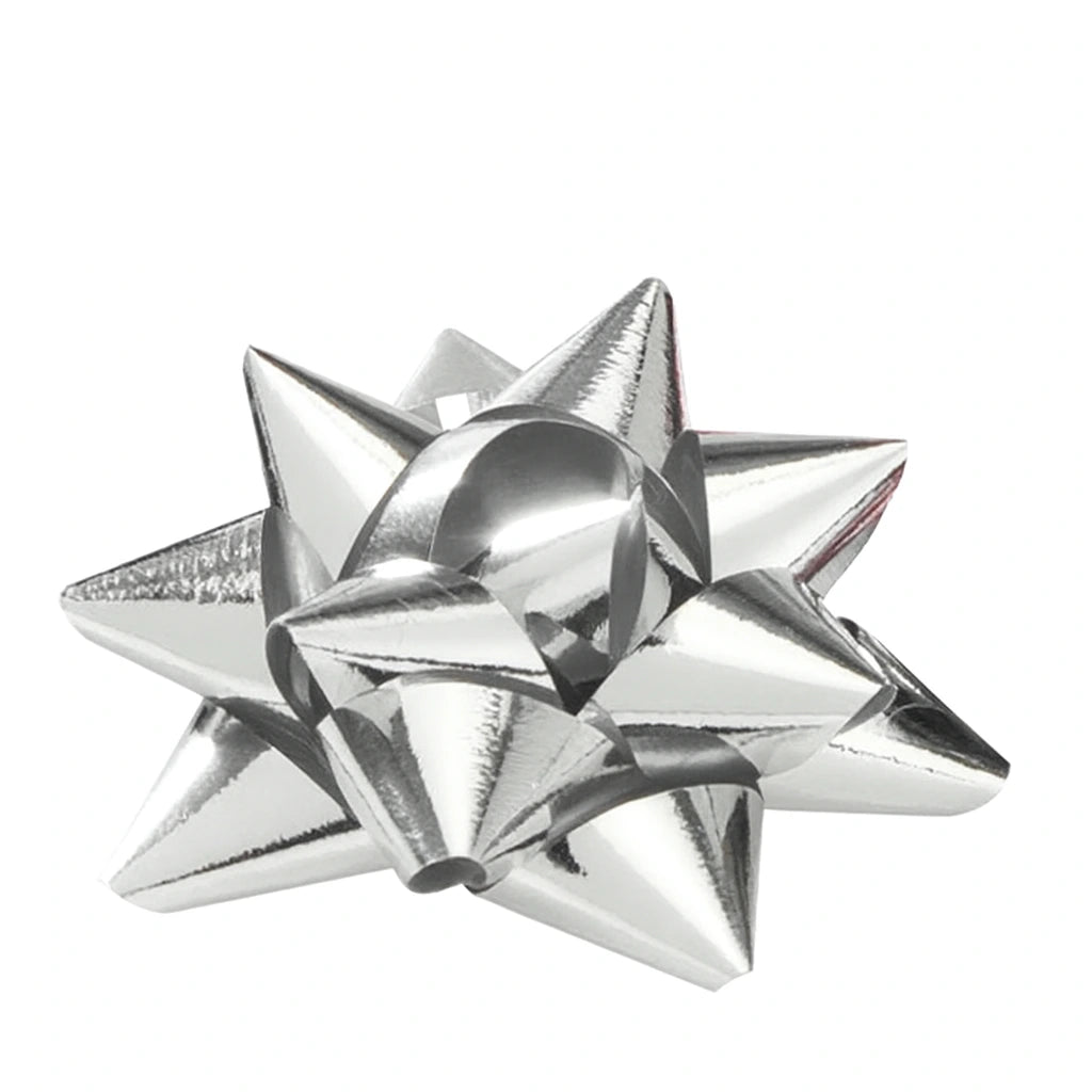 Étoiles adhésives argent miroir pour emballages et vitrines. Décoratives, pratiques et élégantes, idéales pour cadeaux et promotions.