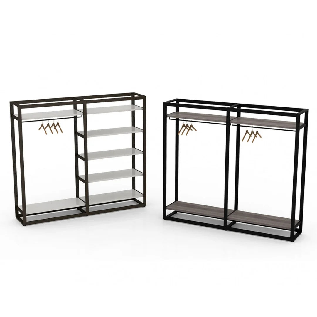 Vue d'ensemble extension Bigshop H185 cm avec penderie et rayons, système modulaire pour magasin