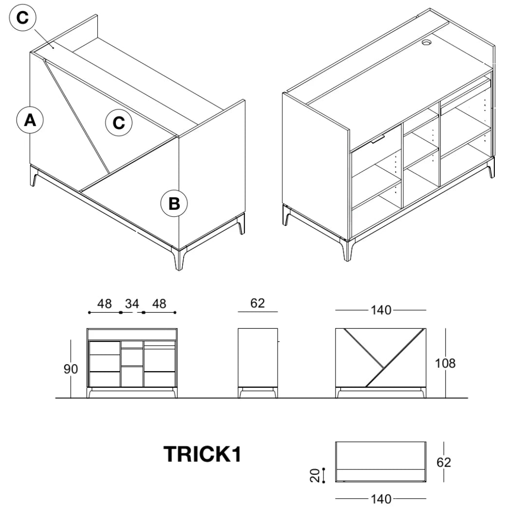 Fiche technique comptoir Trick1 avec dimensions 140 x 108 cm et détails de construction