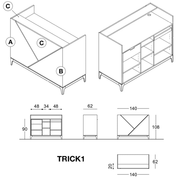 Fiche technique comptoir Trick1 avec dimensions 140 x 108 cm et détails de construction