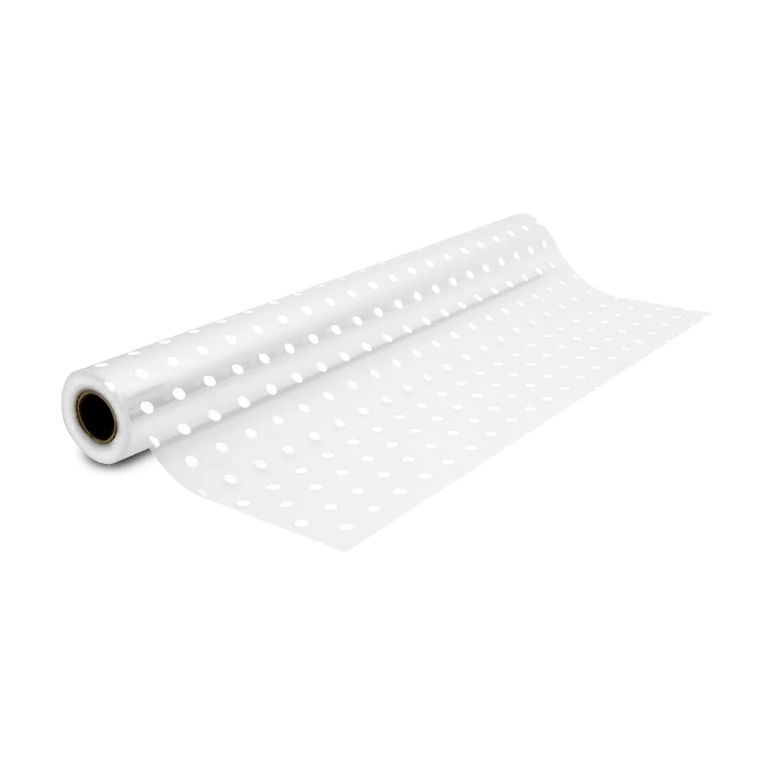 Film polypropylène transparent imprimé motif pois blanc 70 cm x 100 m